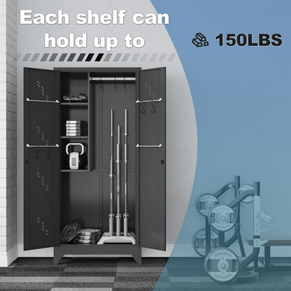 Metal Garage Storage Cabinet, 75” Cleaning Tool Cabinet with Hooks and Hanging Rods, Heavy Duty