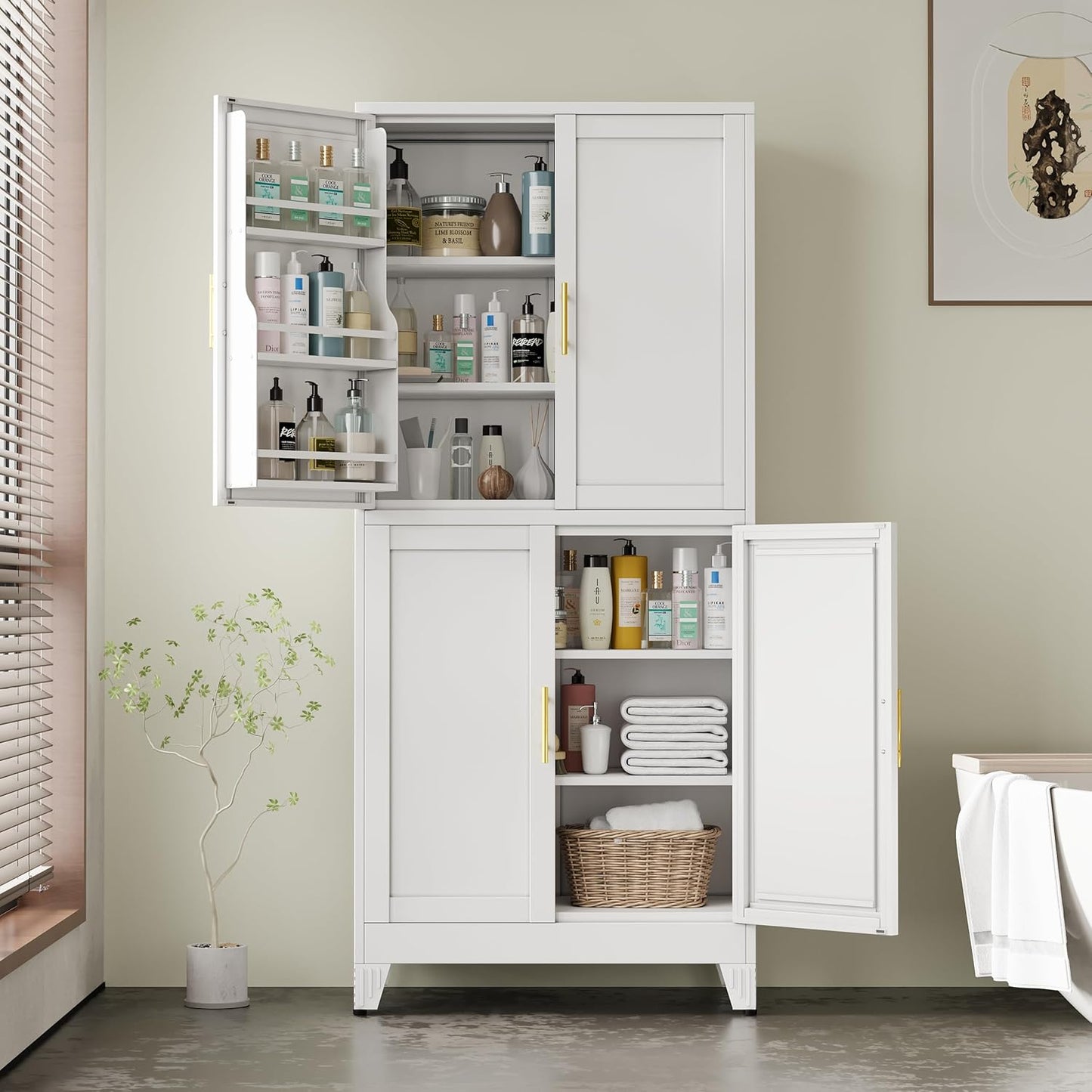 75" H Metal Storage Cabinet, Pantry with 6 Door Shelves and 4 Adjustable Shelves, Leveling Foot for