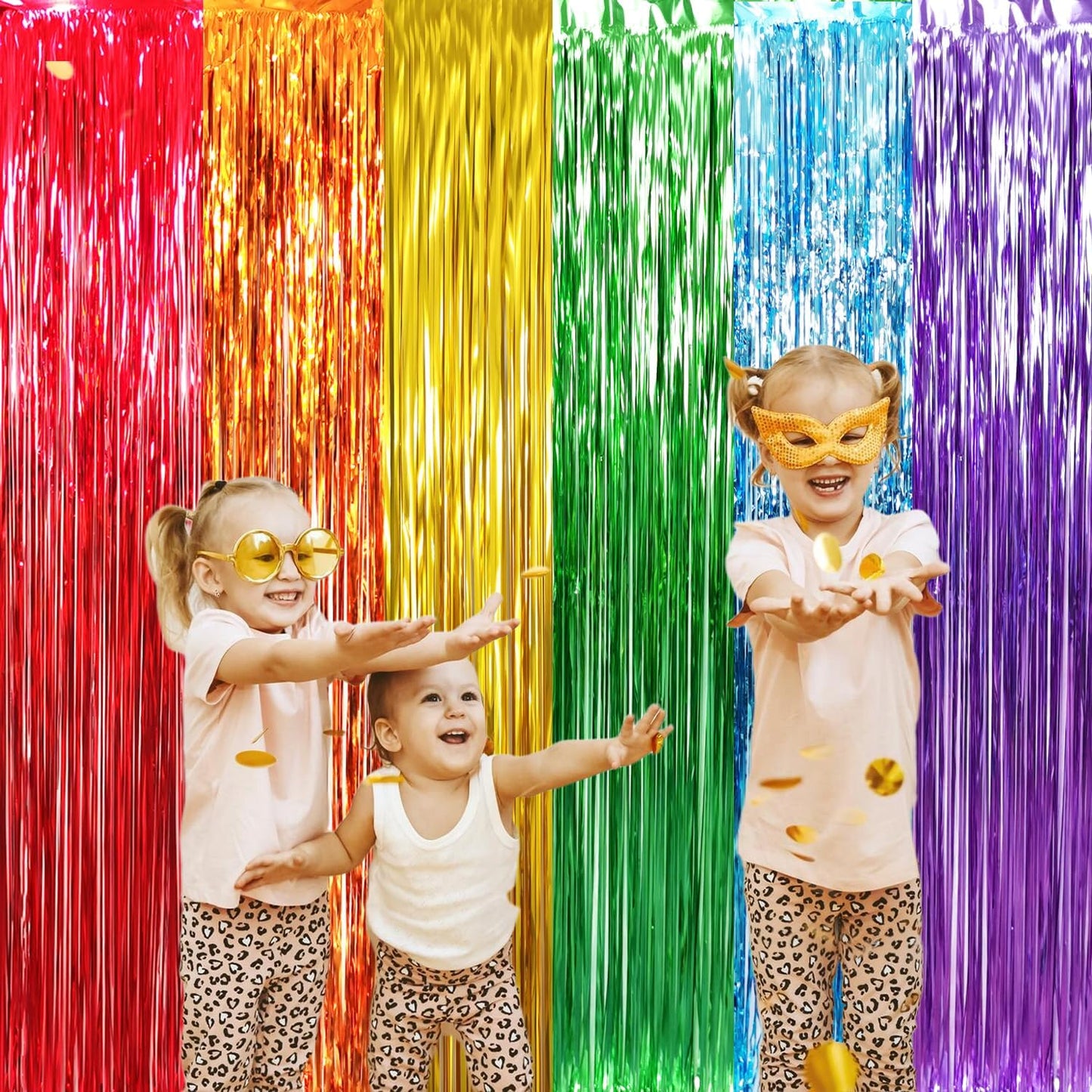 GOER 3.2 ft x 8.2 ft Metallic Tinsel Foil Fringe Curtains Party Photo Backdrop Party Streamers for