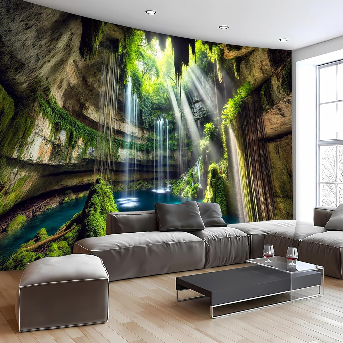 BSFHH Nature Tapestry Forest Tree Sea Cave Wall Hanging, Stream Through Rainforest Landscape Wall