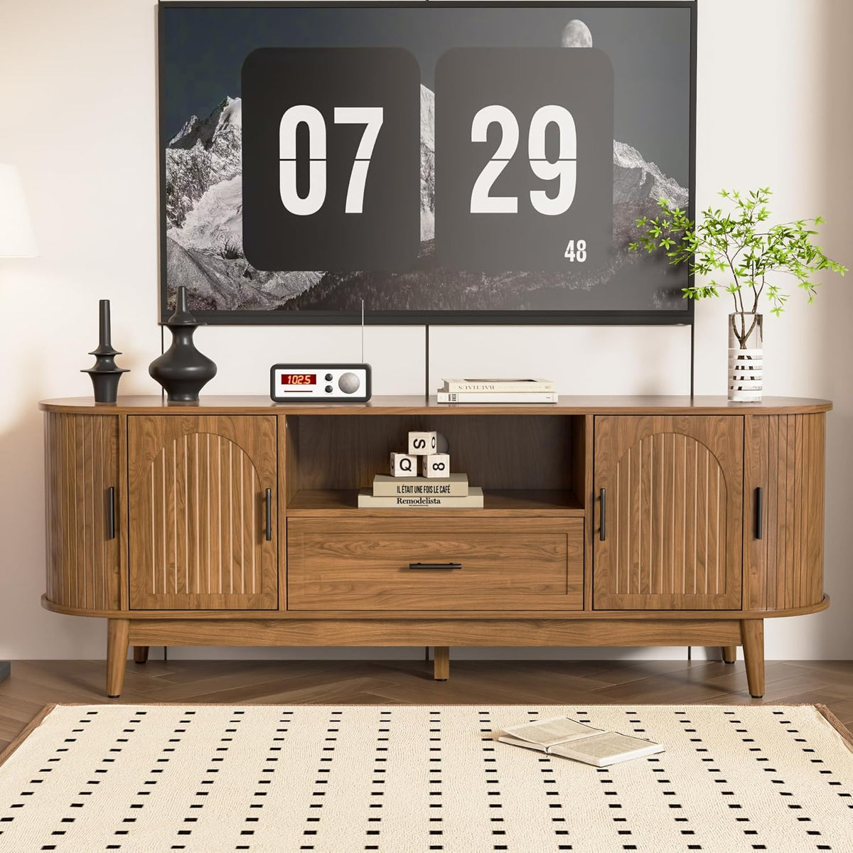 63" Fluted TV Stand for Tvs up to 70", Mid-Century Modern Entertainment Center with Drawers and