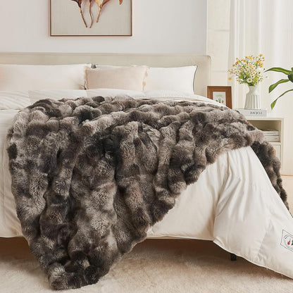 Lotus Karen Faux Fur Blanket Tie-Dye Dark Gray Twin Size - Big Bubble Rabbit Fluff Throw for Couch