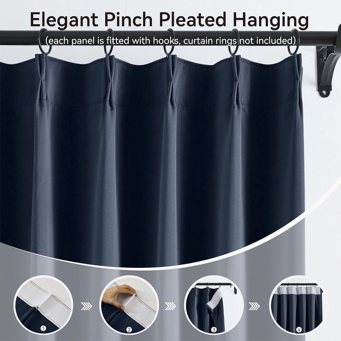 KangBang Navy Blue Blackout Curtains 96 Inches Long for Living Room, Pinch Pleat Room Darkening