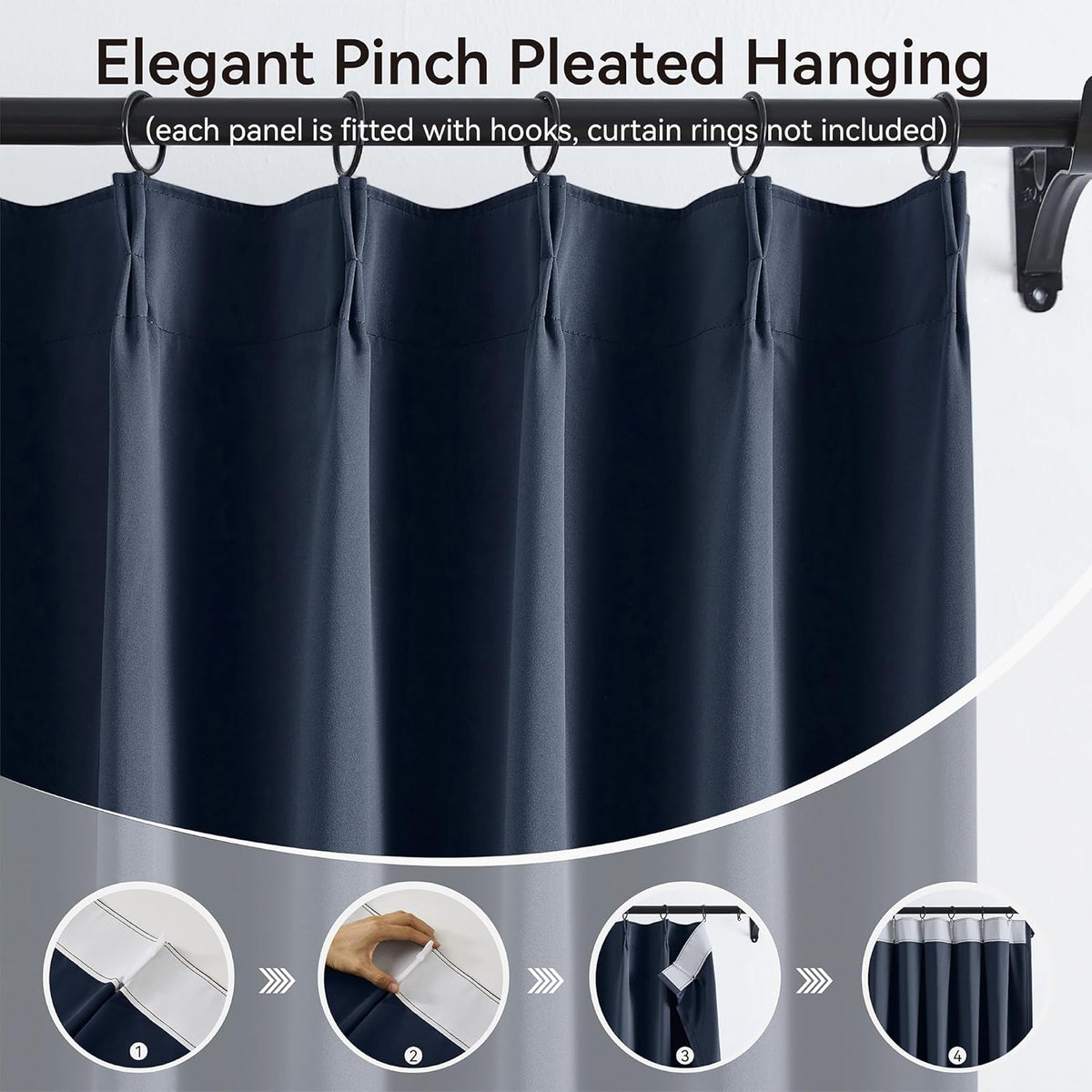 KangBang Navy Blue Pinch Pleated Curtains & Drapes 90 Inches Long for Boys Bedroom, Thermal