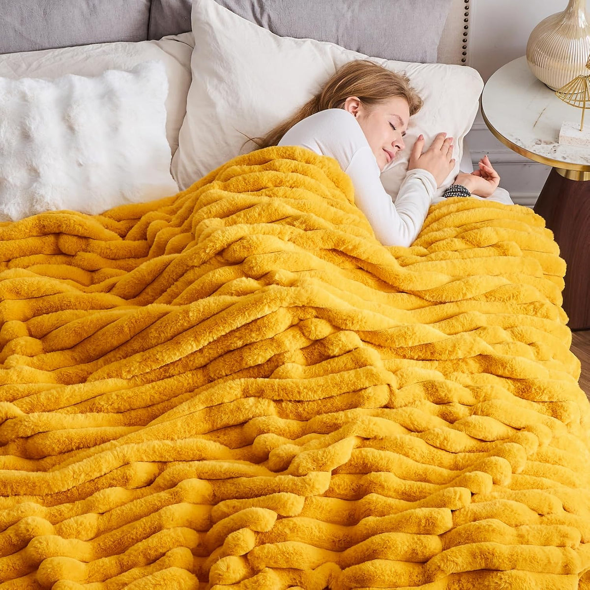 NEWCOSPLAY Faux Fur Throw Blanket Mustard Yellow 3D Ribbed Plush Thick Warm Blanket for Couch Sofa