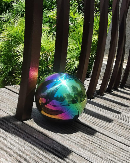 Rainbow Gazing Globe Mirror Ball in Stainless Steel, Shiny Hollow Sphere Sparkling Housewarming