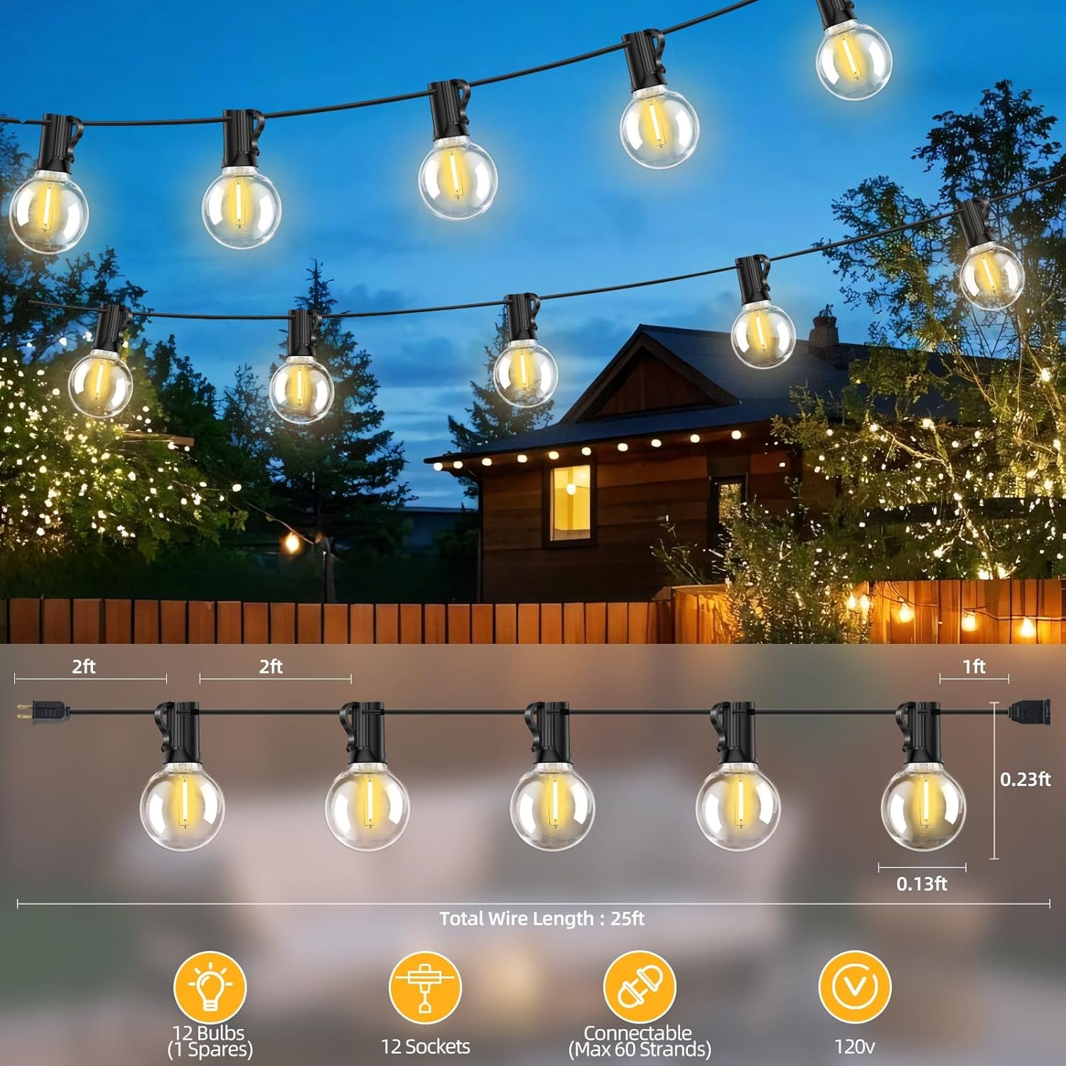 25FT G40 LED Outdoor String Lights with 12+1 Bulbs, E12 Socket, 2700K Warm White, Commercial Grade