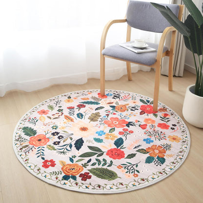 Round Rug 6ft Washable Circle Rug Non Slip Low Pile Boho Floral Small Circular Rug for Bedroom