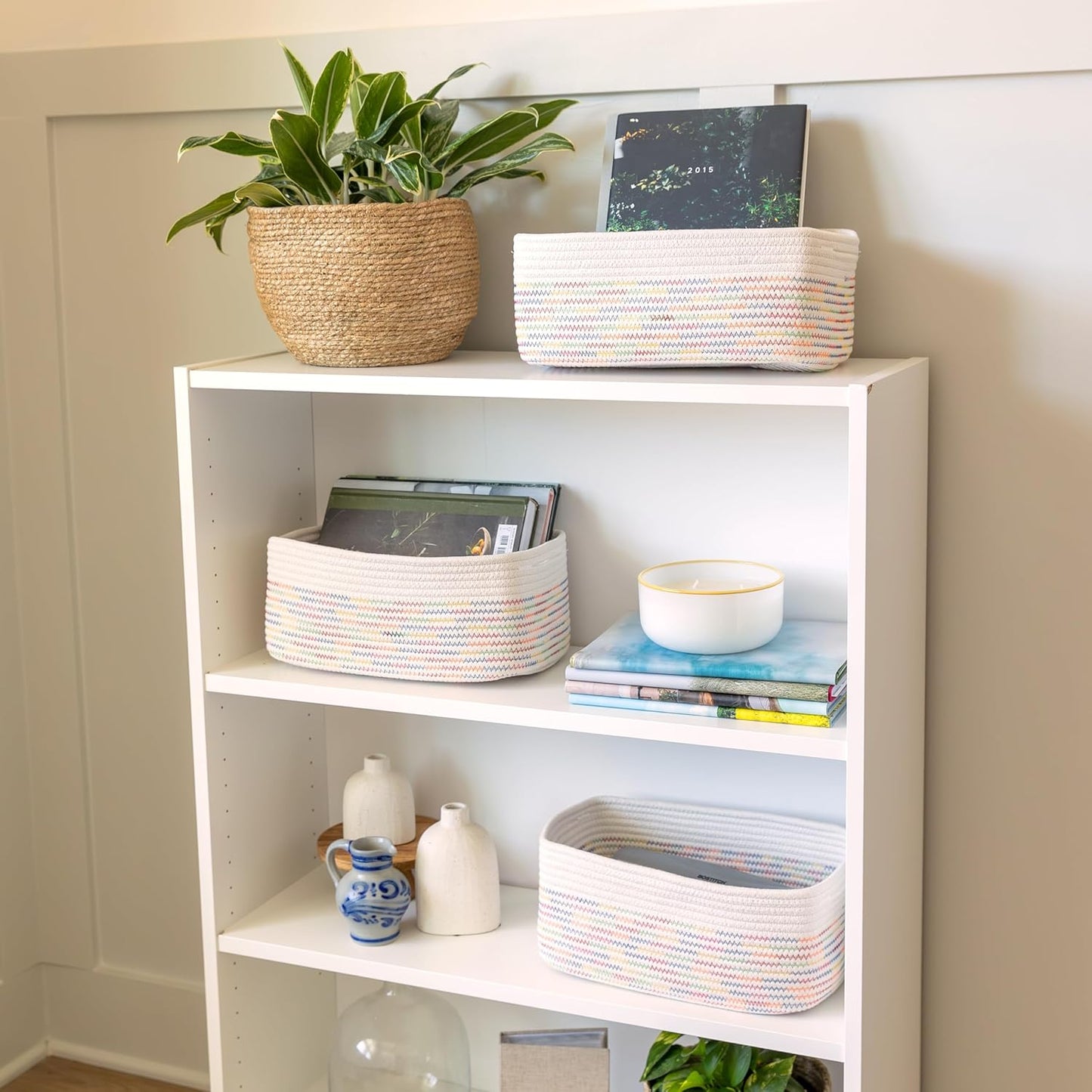 NaturalCozy 13.5”x8.5”x5.5” Rectangle Storage Baskets for Shelves 3 Pack | Cotton Rope Woven Small