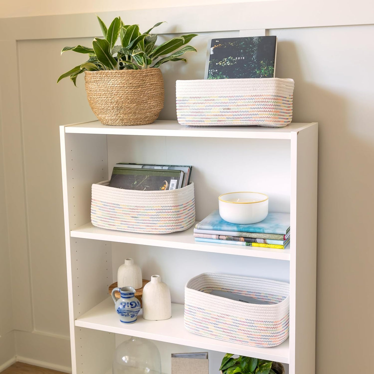 NaturalCozy 13.5”x8.5”x5.5” Rectangle Storage Baskets for Shelves 3 Pack | Cotton Rope Woven Small