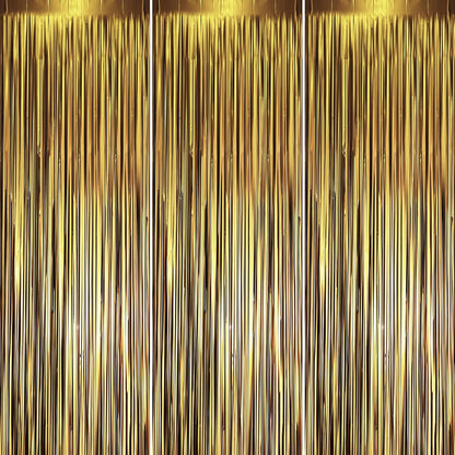 3 Pack 3.3 x 8.2 ft Matte Gold Foil Fringe Backdrop Curtains, Tinsel Streamers Party Decorations