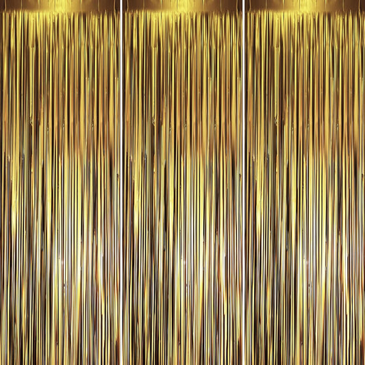 3 Pack 3.3 x 8.2 ft Matte Gold Foil Fringe Backdrop Curtains, Tinsel Streamers Party Decorations