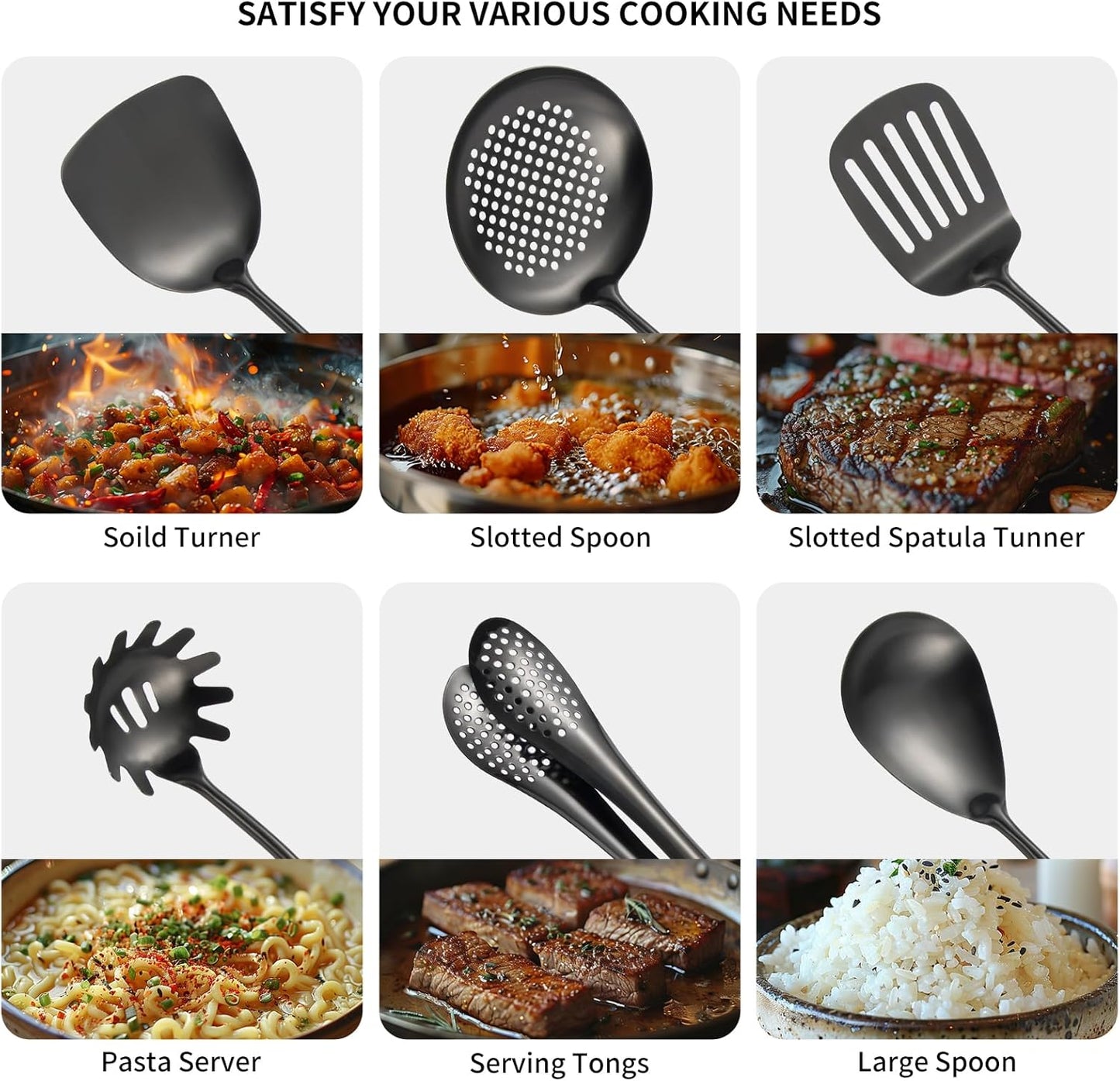304 Stainlss Steel Matte Kitchen Utensils Set, 11 Pcs Long Metal Cooking Utensil Gadgets Tools Set