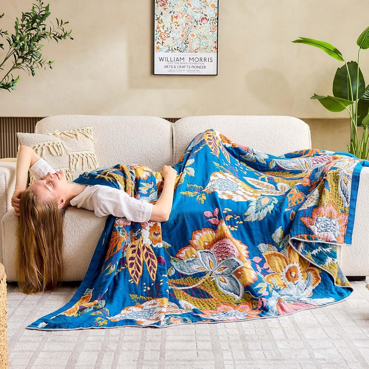 Boho Throw Blanket, Blue Lightweight Blankets for Summer, 100% Cotton Bohemian Decorative Throw