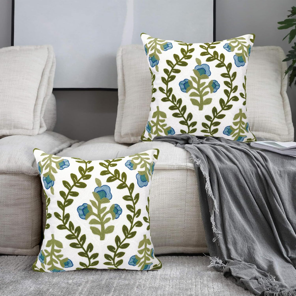 Alysheer Floral Embroidered Summer Decorative Throw Pillow Covers 18"x 18" Set of 2, Farmhouse Blue