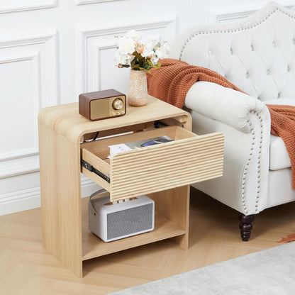 Fluted Nightstand Set of 2 with Charging Station, Modern Bed Side Table End Table with Drawer