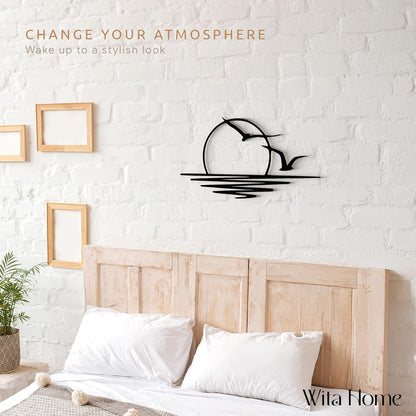 Wita Home Sunset with Seagulls Metal Wall Mounted Art, Handcrafted Metal Home Decor with Static