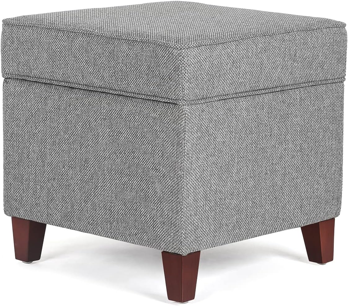 Adeco 17" Square Ottoman with Storage, Small Blue Storage Ottoman Foot Rest with Hinged Lid & Solid