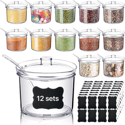 12 Pcs Acrylic Sugar Bowl with Lid and Spoon,7.1 Oz Clear Condiment Storage Pot,Sugar Jar Spices