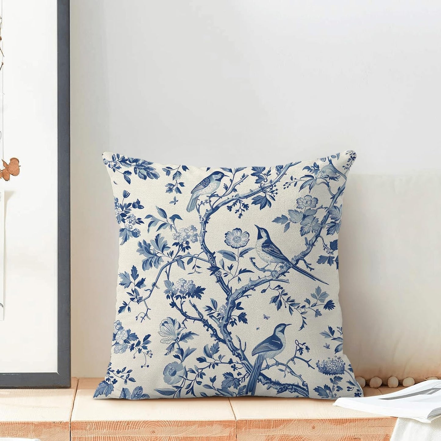 CXMEIFLY Spring Floral Pillow Covers 18 x 18 Inch Set of 2 for Navy Blue Chinoiserie Flowers Bird