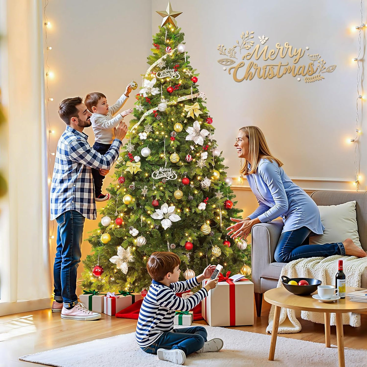 9FT Pre-Lit Christmas Tree with Remote Control, Multi-Color LED Lights, Musical Rotating Christmas