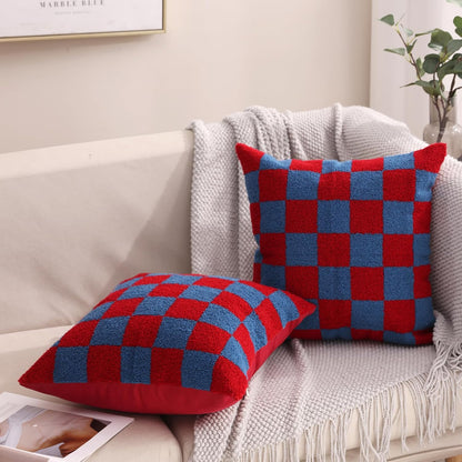 Alysheer Checkered Embroidered Decorative Throw Pillow Covers 18"x 18" Set of 2, Classic Chic Red