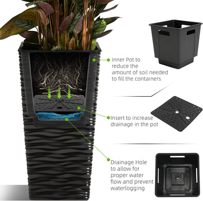 Worth Garden 2-Pack 22" H. Black Square Tapered Planter with Inside Pots - Plastic Plant Pots for