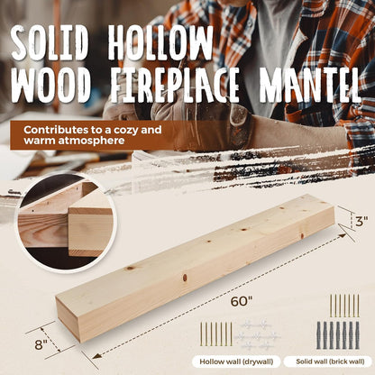 60x8x3 Fireplace Mantel - Handcrafted Hollow Rustic Solid Wood Wall Mounted Floating Shelf - DIY