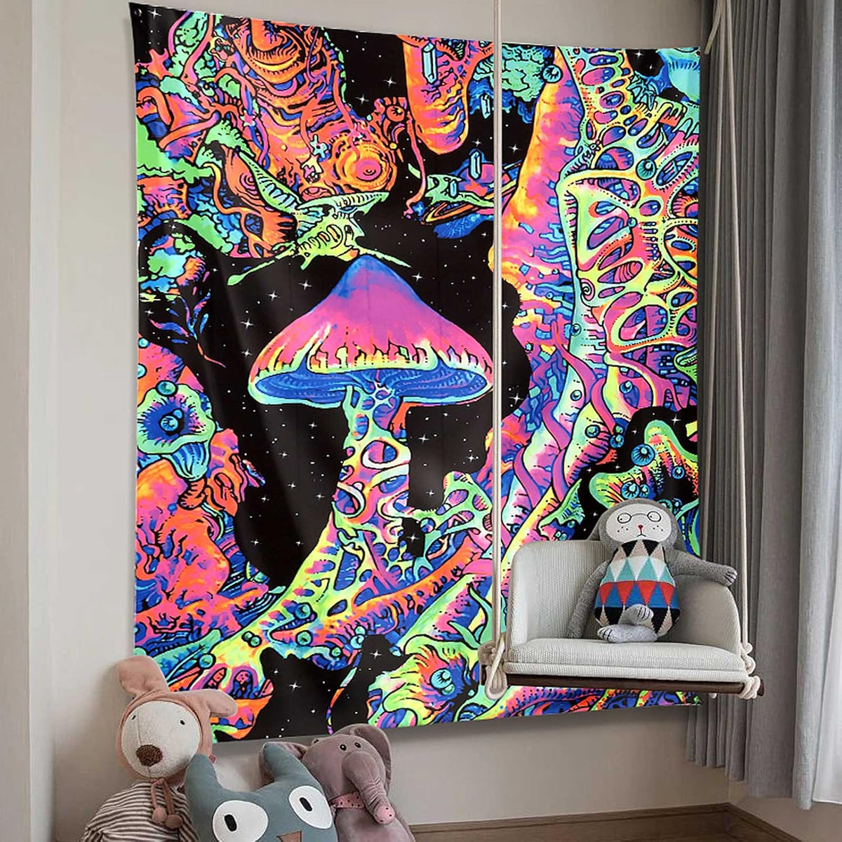 ADDWel Blacklight Mushroom Tapestry, Fantastic Upright Tapestry Glow In The Dark, UV Reactive Black