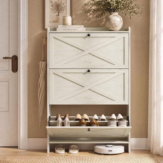 VASAGLE Shoe Storage Cabinet Organizer with 3 Flip Drawers, Freestanding Narrow Shoe Rack Cabinet