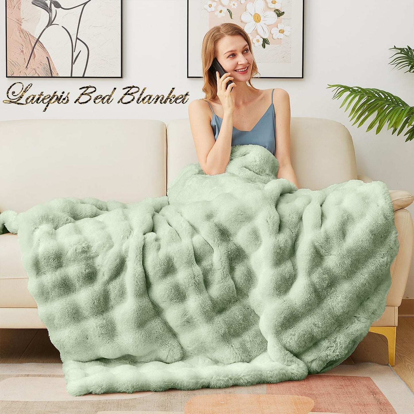 Latepis Soft Faux Fur Blanket Bubble Twin Size Comfy Blanket for Bed Fuzzy Cozy Thick Blankets for