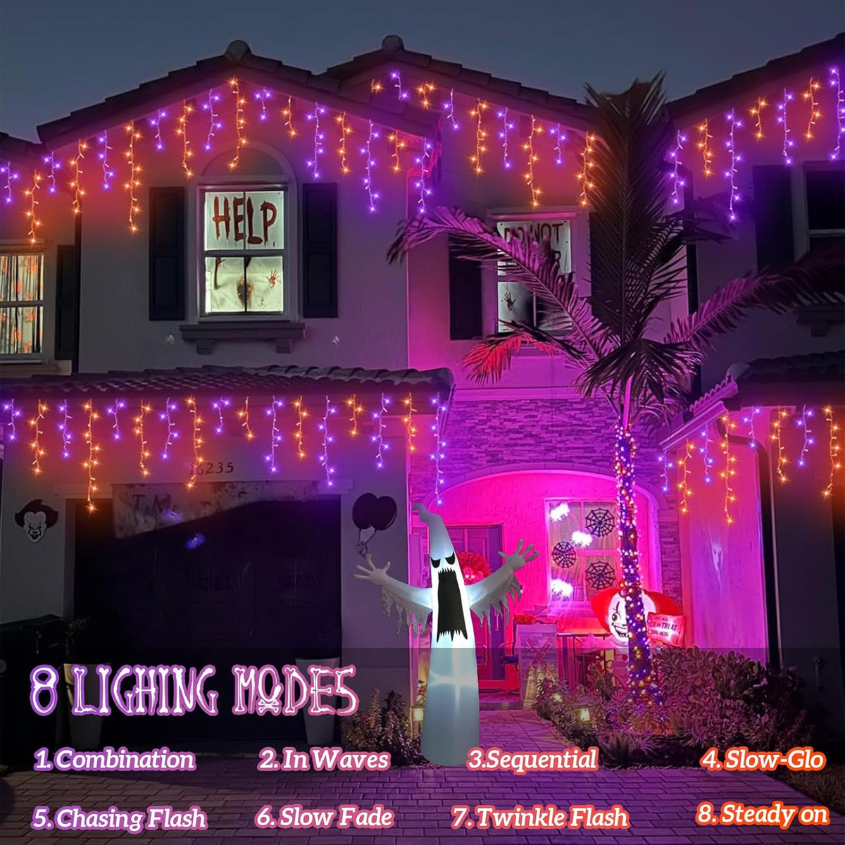 YEGUO 33ft 400 LED Orange and Purple Icicle Halloween Lights, 80 Drops Icicle Lights Connectable, 8