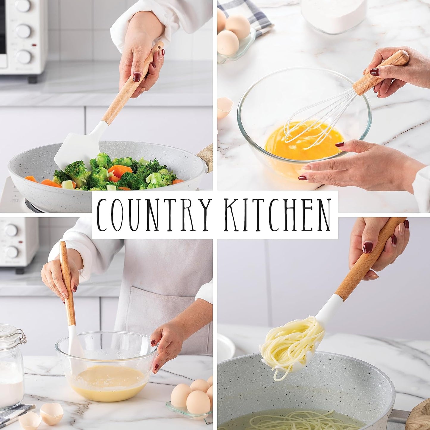 Country Kitchen Non Stick Silicone Utensil Set with Rounded Wood Handles for Cooking and Baking, 14