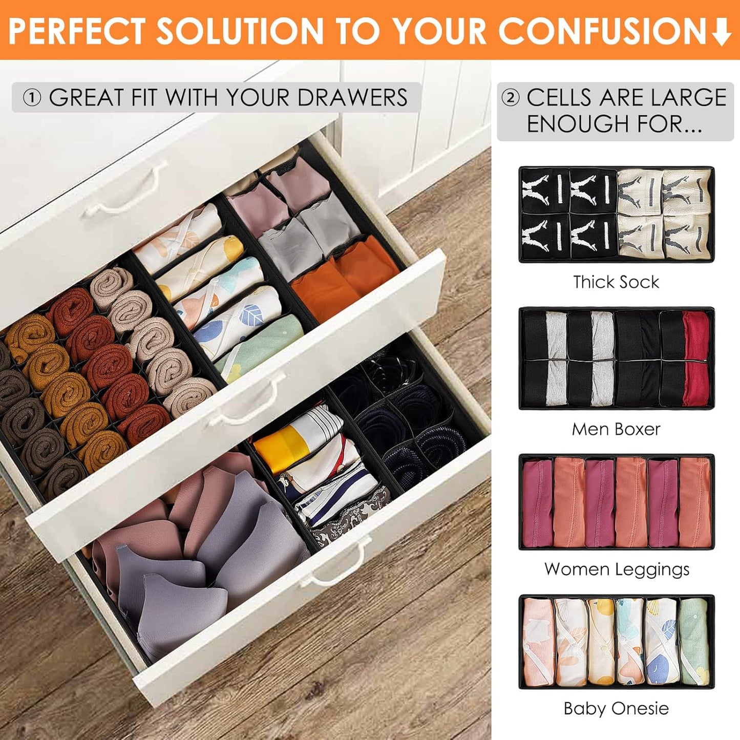 6 Pack Sock Underwear Drawer Organizer Dividers, 58 Cell Foldable Fabric Dresser Closet Organizers