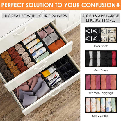 6 Pack Sock Underwear Drawer Organizer Dividers, 58 Cell Foldable Fabric Dresser Closet Organizers