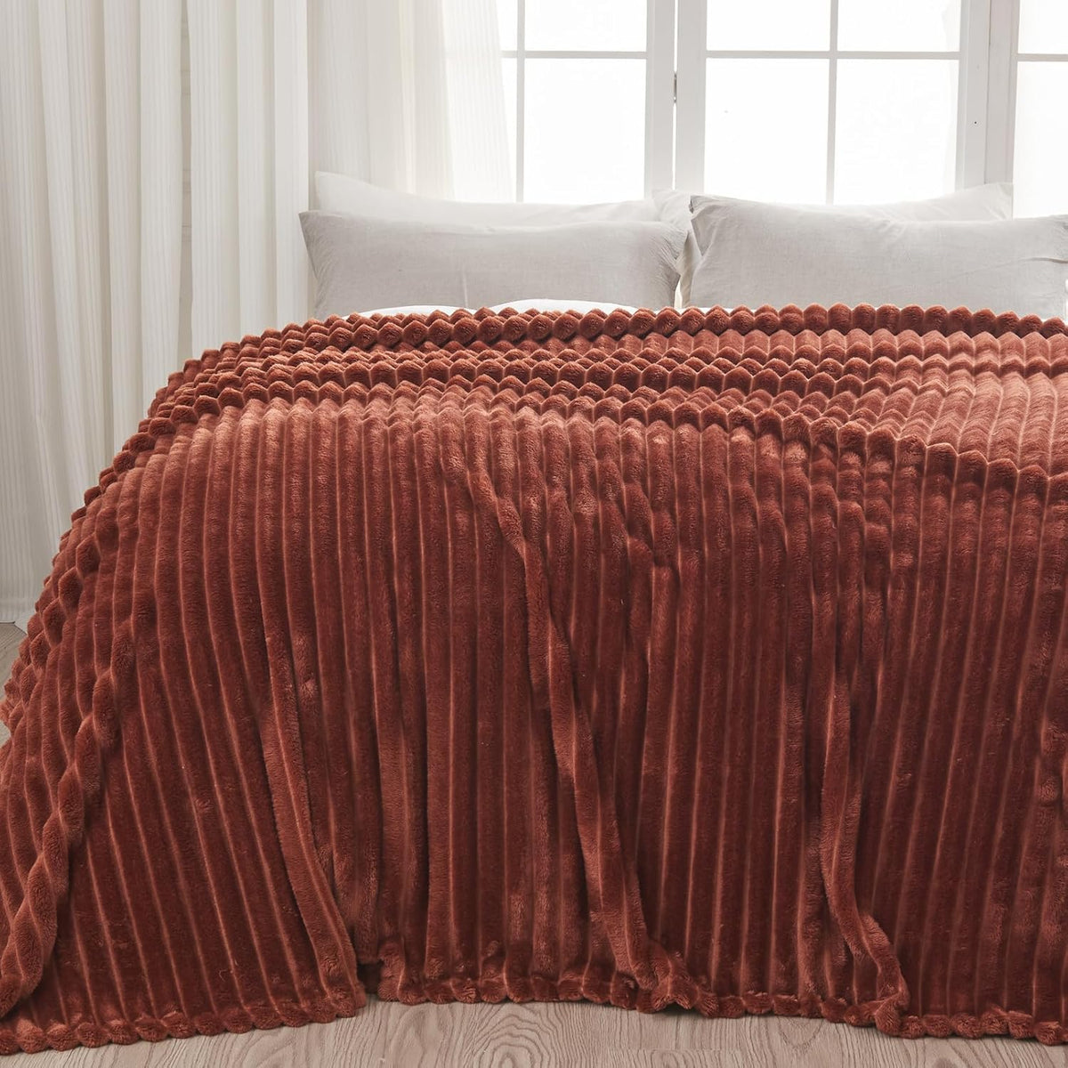 NEWCOSPLAY Super Soft King Blanket Coffee Premium Silky Flannel Fleece 3D Ribbed Jacquard