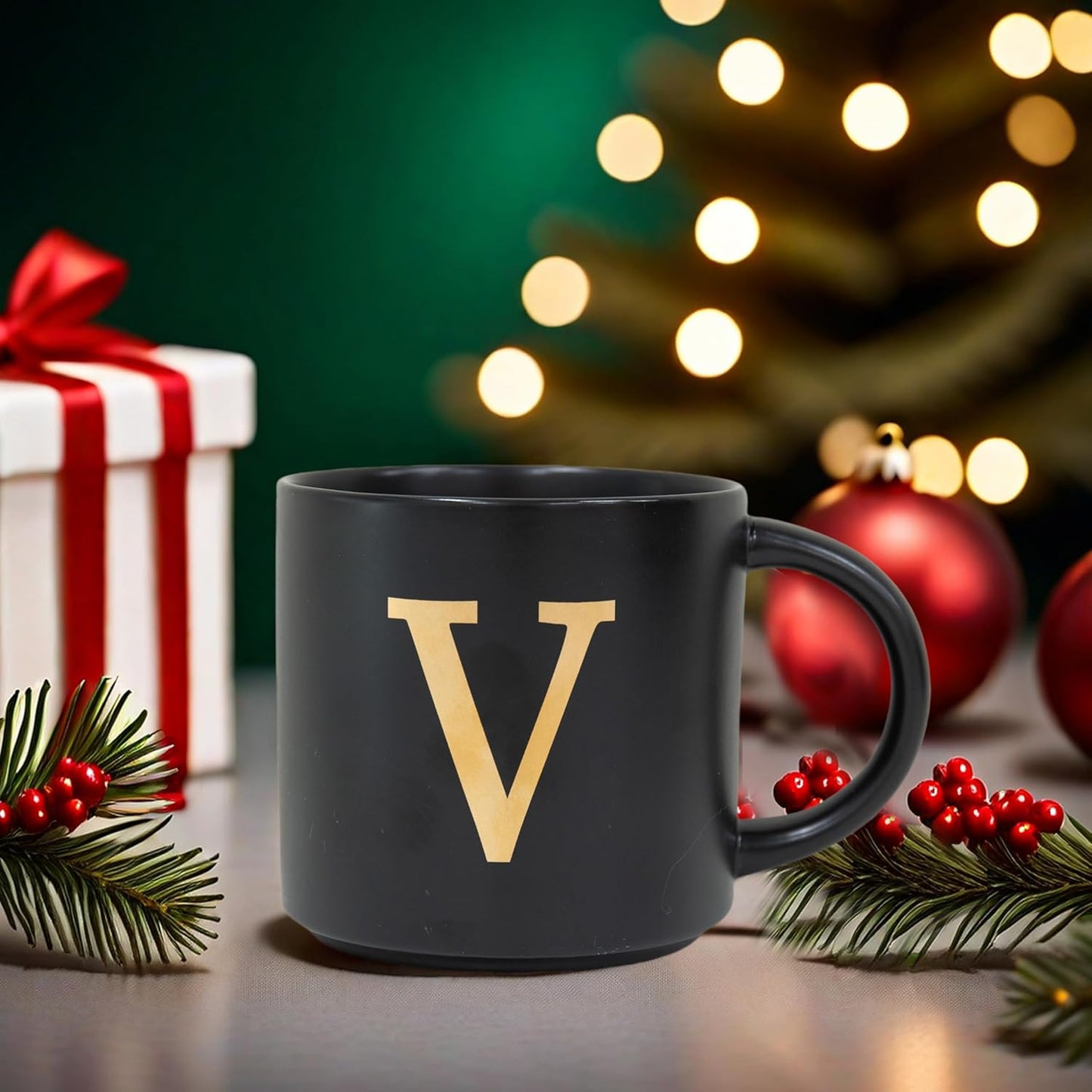 COLLECTIVE HOME - Monogram Ceramic Mugs, 15 oz Golden Initial Black Coffee Cups, Elegant Alphabet