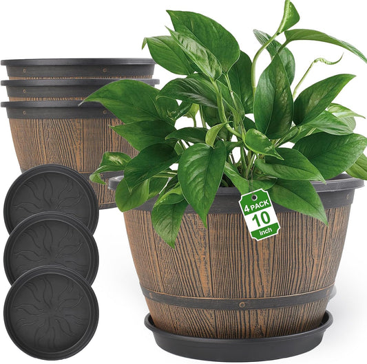 10-inch-Plant-Pots-Indoor-Outdoor, 4 Pack Whiskey Barrel Planters with Drainage Holes & Saucer