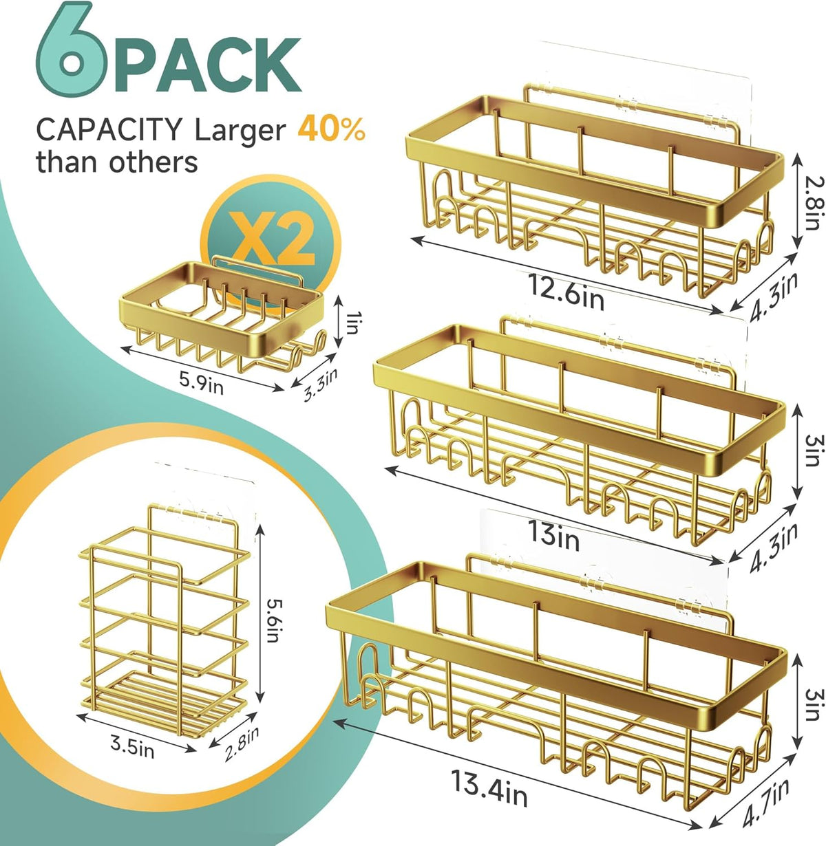Veken Adhesive Shower Caddy 6-Pack,Gifts for Women Mom,Heavy Weight Bearing,Large Wall Mounted