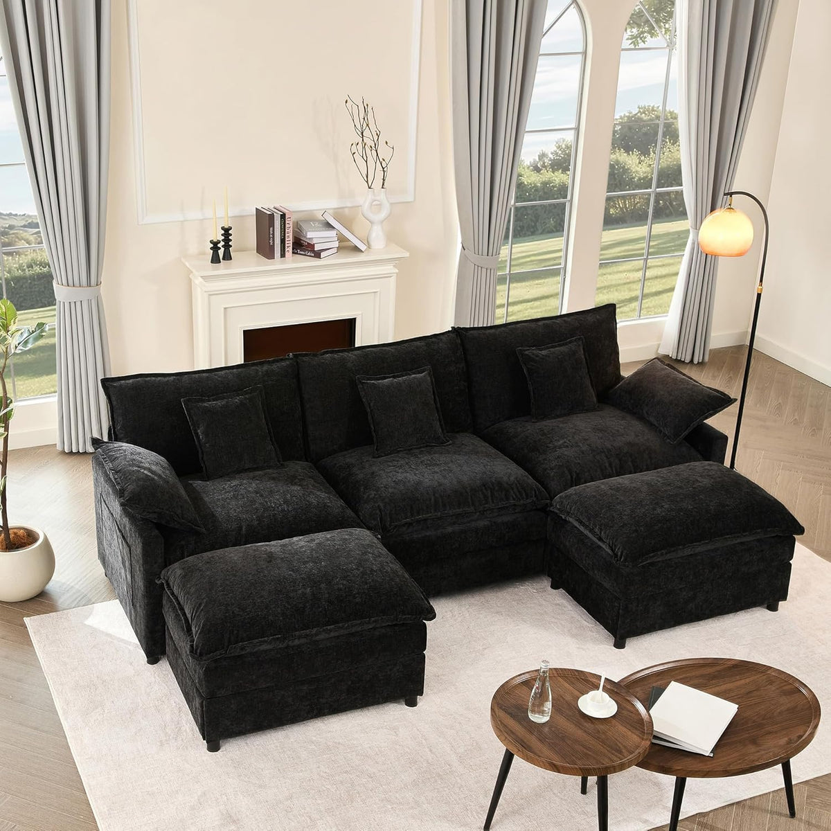 108" U Shaped Couch, Modular Sectional Sofa, 3-Seater Comfy Cloud Couch with Movable Ottoman, Deep