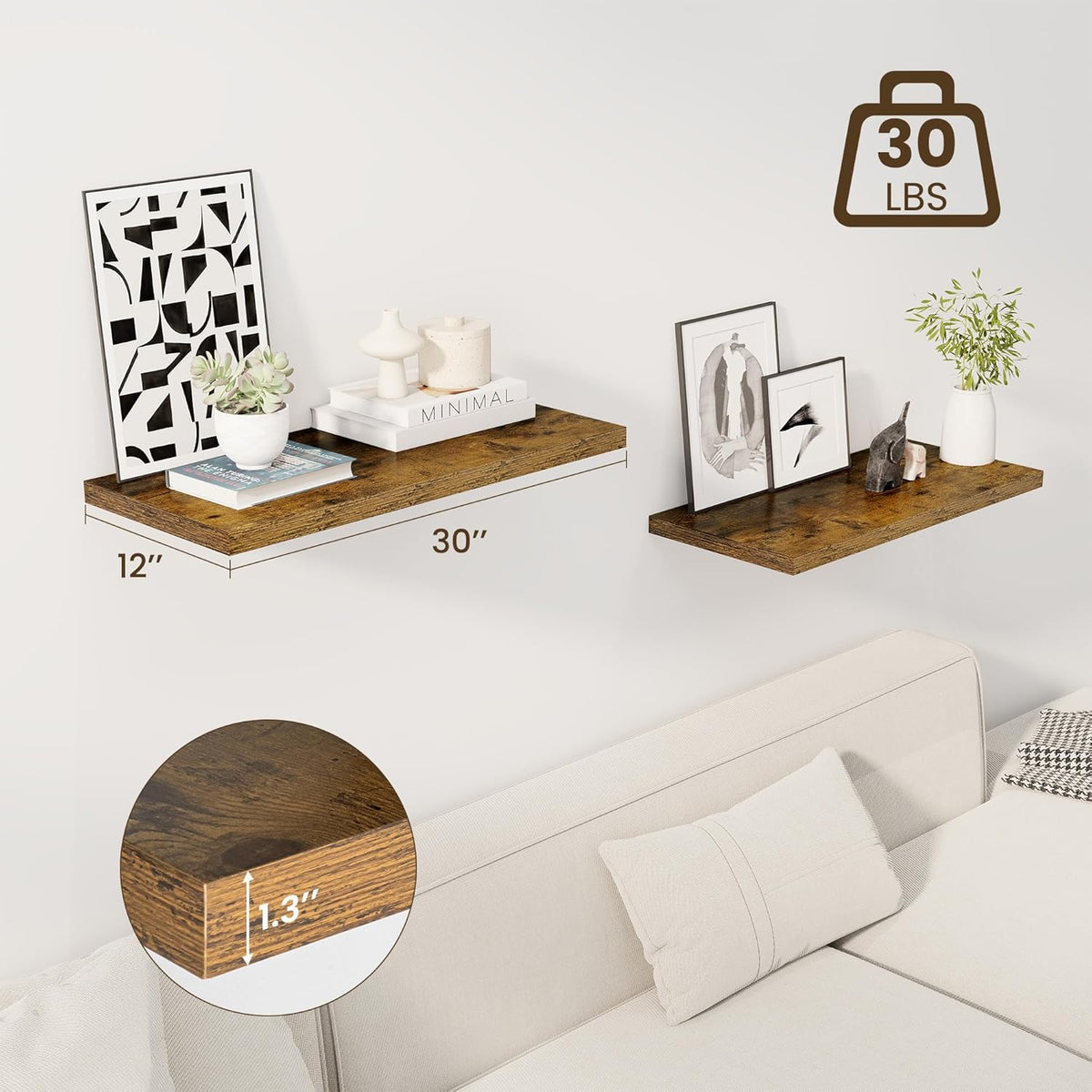 30" Floating Shelves for Wall, 12" Deep Slim Rustic Brown Floating Shelves, Wall-Mounted Shelves