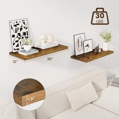 30" Floating Shelves for Wall, 12" Deep Slim Rustic Brown Floating Shelves, Wall-Mounted Shelves