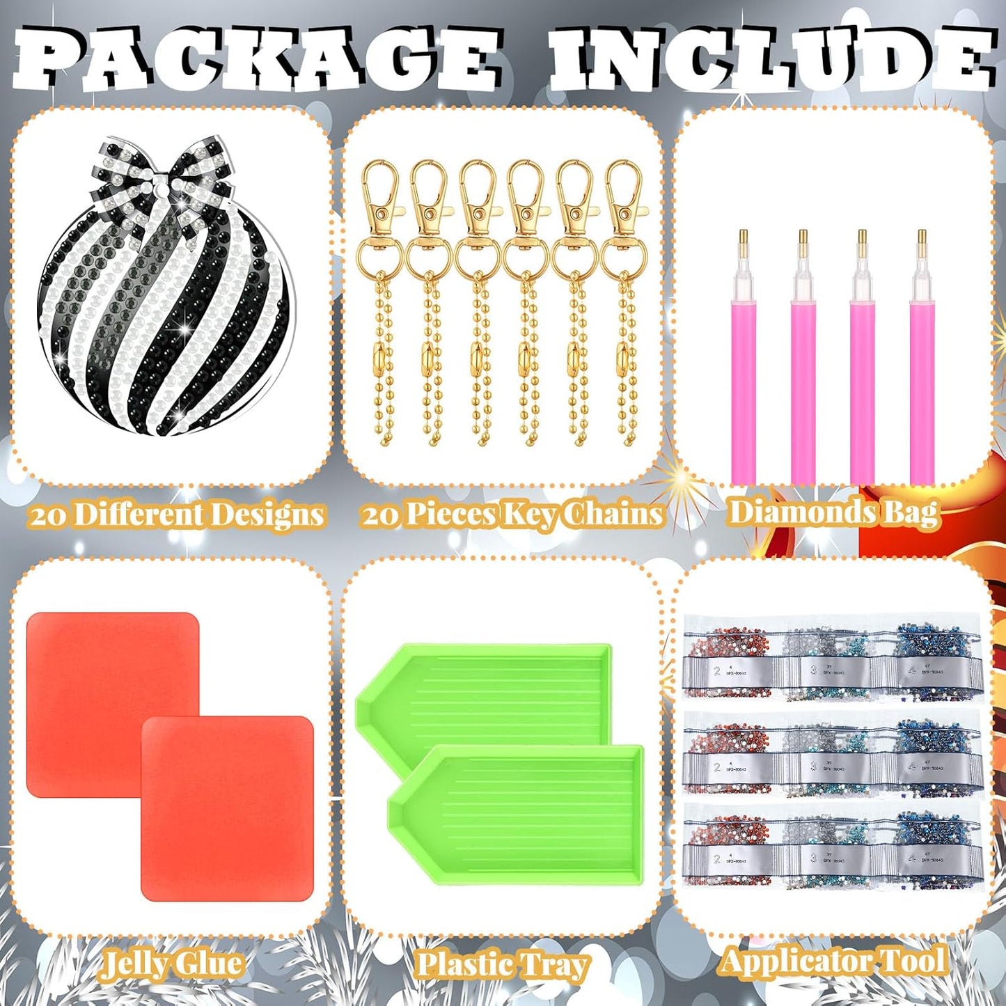 Tondiamo 20 Pcs Christmas Diamond Painting Keychain Kits 5D DIY Diamond Art Pendants Double Sided