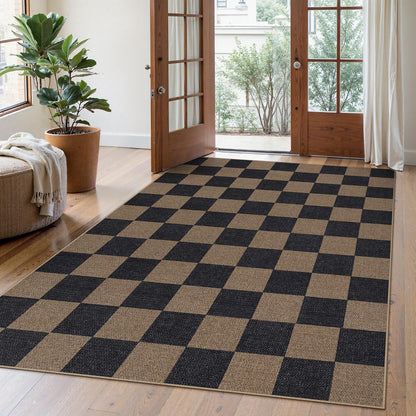 Lahome Checkered Easy Jute Living Room Rugs, 5x7 Black Dining Room Office Rug Farmhouse Washable