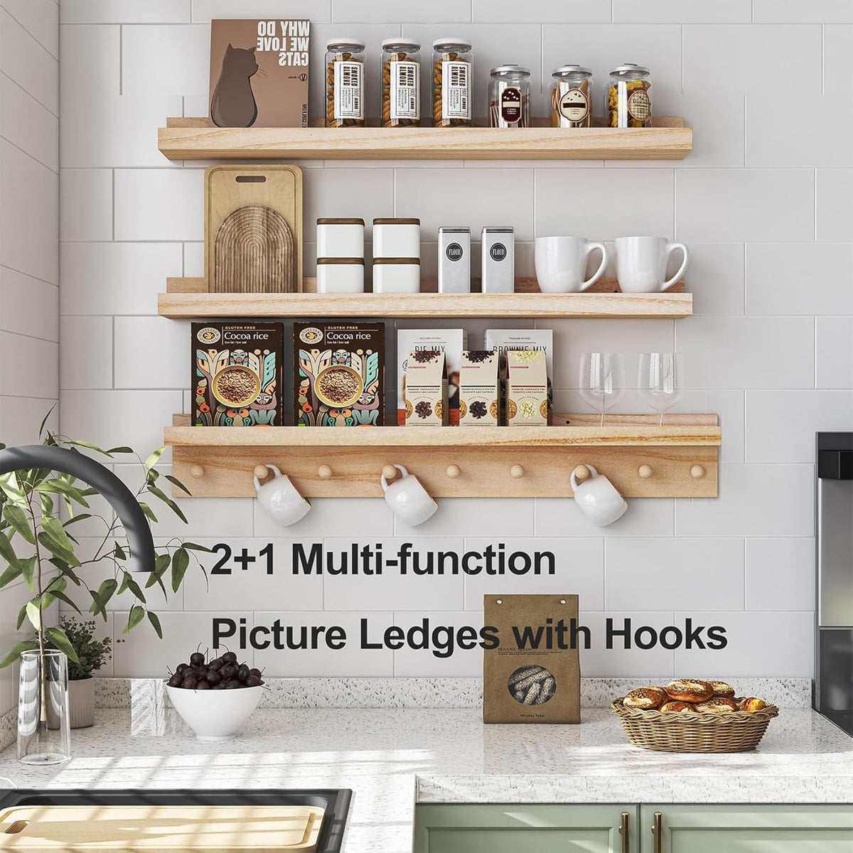 MBYD Wood Wall Shelf With Hooks Floating Shelves for Wall Bathroom Shelves Wall Mounted Nursery
