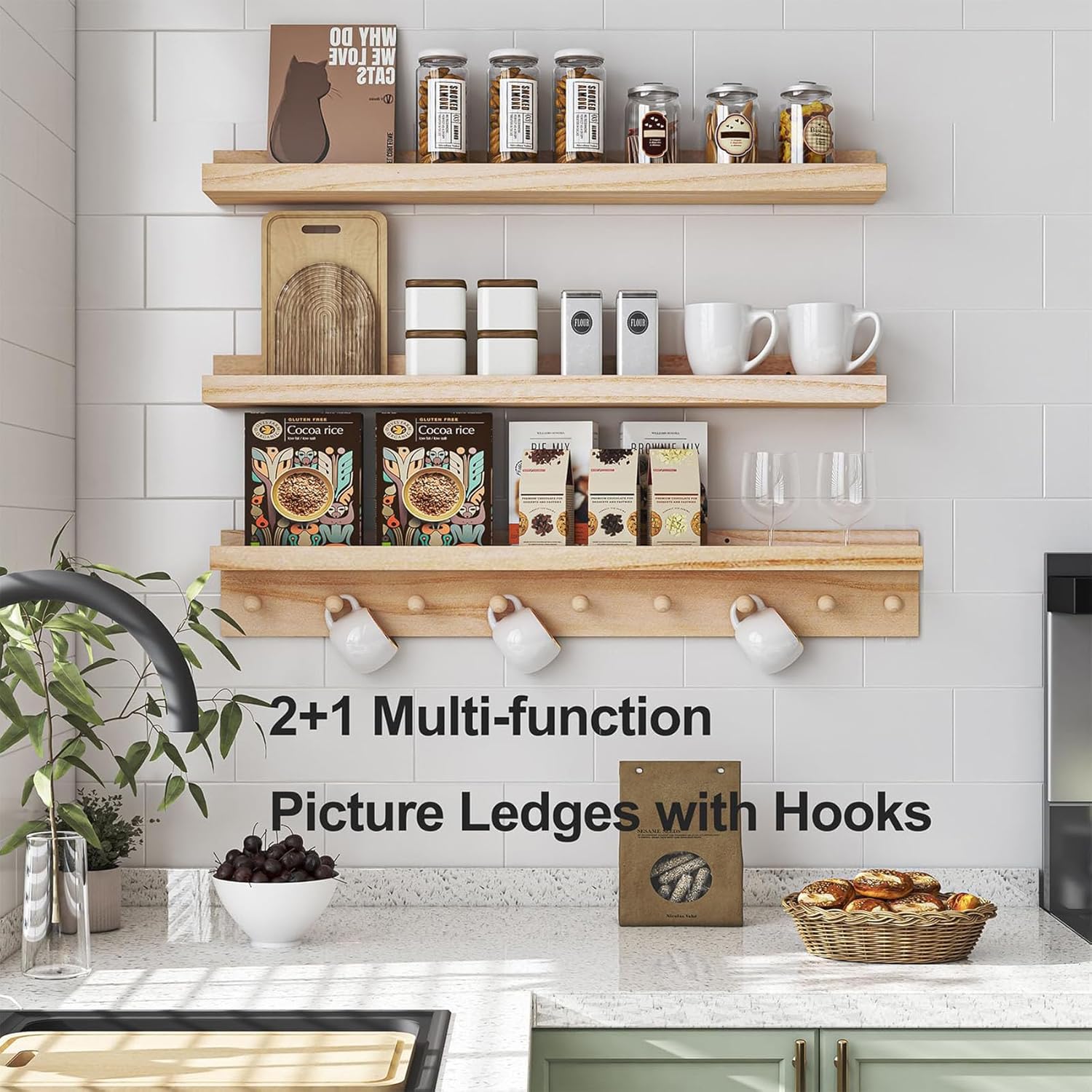 MBYD Wood Wall Shelf With Hooks Floating Shelves for Wall Bathroom Shelves Wall Mounted Nursery