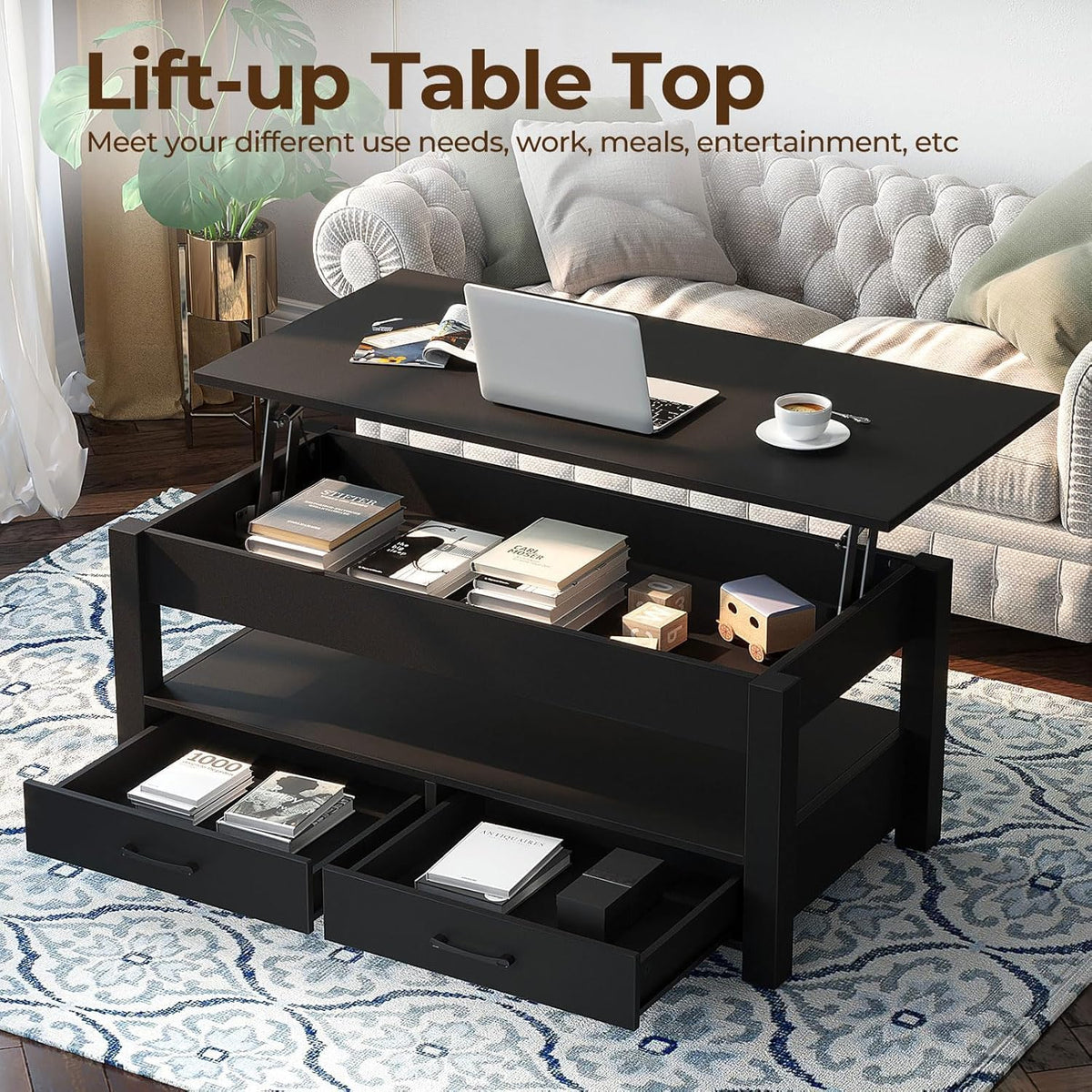 Rolanstar Coffee Table, Lift Top Coffee Table with Drawers and Hidden Compartment, Retro Central