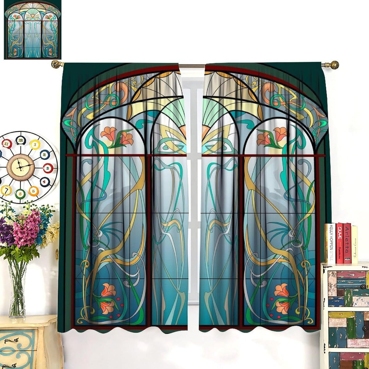 Stained Glass Curtains, Retro Mid Century Boho Abstract Art Home Decor Drapes for Bedroom Living