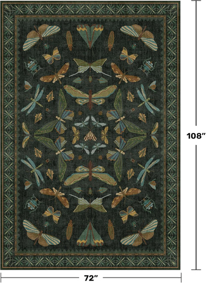 6x9 Dark Green Area Rugs for Dining Room - Rugs for Living Room, Bedroom Under Bed, Insect Moth