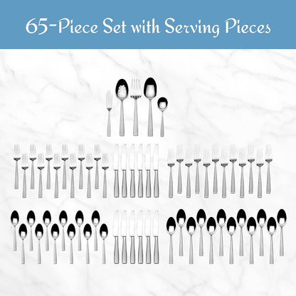 Mikasa Oliver Satin Flatware Set for 12, 65 Piece 18/10 Stainless Steel Silverware with Stylish